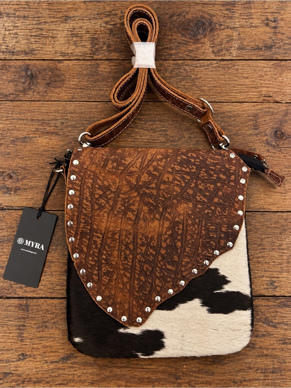 Myra Bag Brown and Black Cowhide Leather Crossbody with Studded Flap